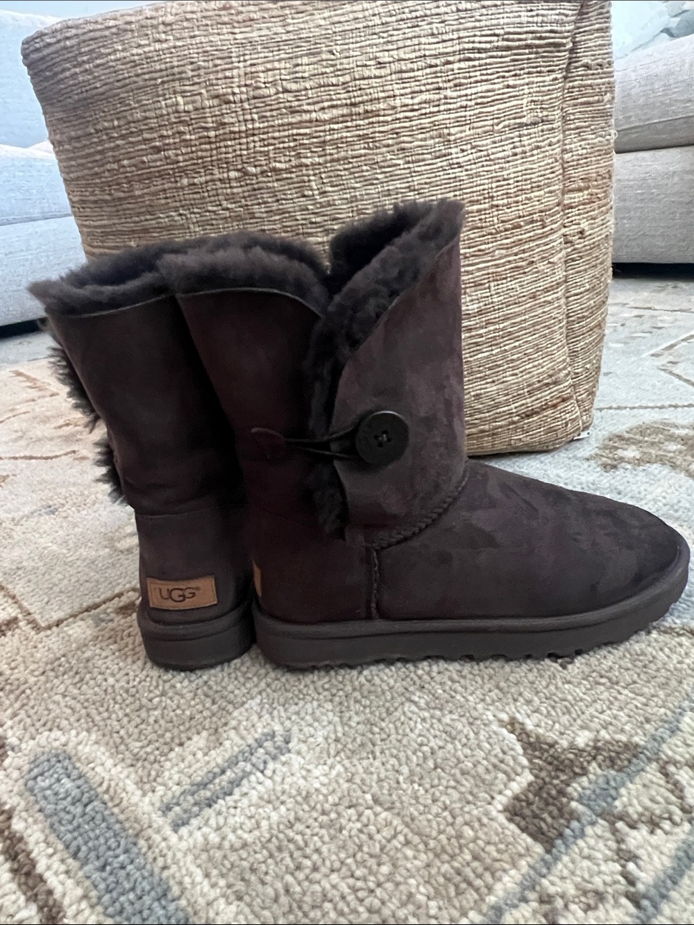 UGG Chocolate Brown Suede Shearling Button Short Boot
